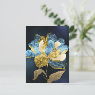 Cartão Postal Flor Abstrato azul e Dourada com Petais Texturizad