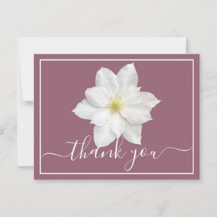 Cartão Postal Flor de Clematite Branca Ameixa Fundo Obrigada