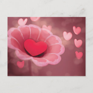 Cartão Postal Flor de Coração de Papel Vermelho e Rosa Feita à M