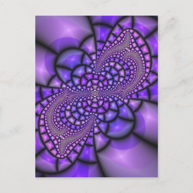 Cartão Postal Flor de Fractal Mosaico Roxo (Frente)
