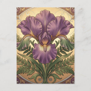 Cartão Postal Flor de Íris Roxa Arte Nova Moldura Ornamentada