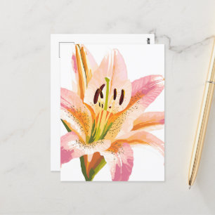 Cartão Postal Flor de Lírio Rosa   Pintura Floral em Aquarela
