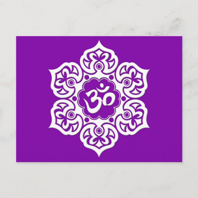 Cartão Postal Flor de Lótus Branco Om em Roxo (Frente)