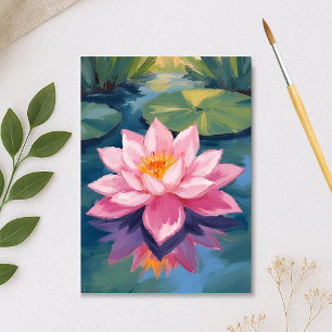 Cartão Postal Flor de Lótus Lírio de Água Rosa Aquarela Lago