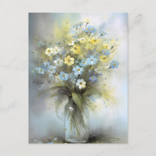Cartão Postal Flor de Margarida Amarela, Azul Pastel Aquarela, B