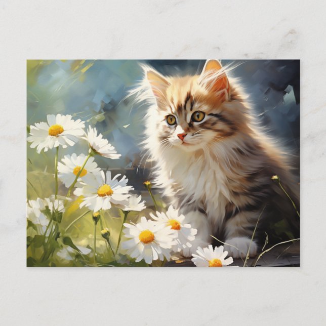Cartão Postal Flor de Nascimento de Abril Margarida e Gatinho (Frente)