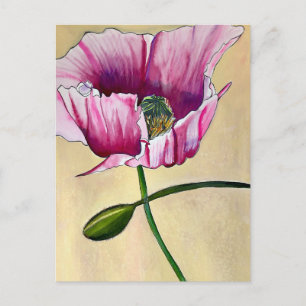 Cartão Postal Flor de papoila rosa com aquarelas