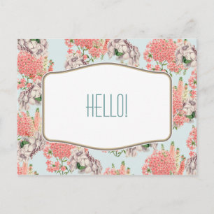 Cartão Postal Flor, hortensias gardenias rosas detalhes celeste