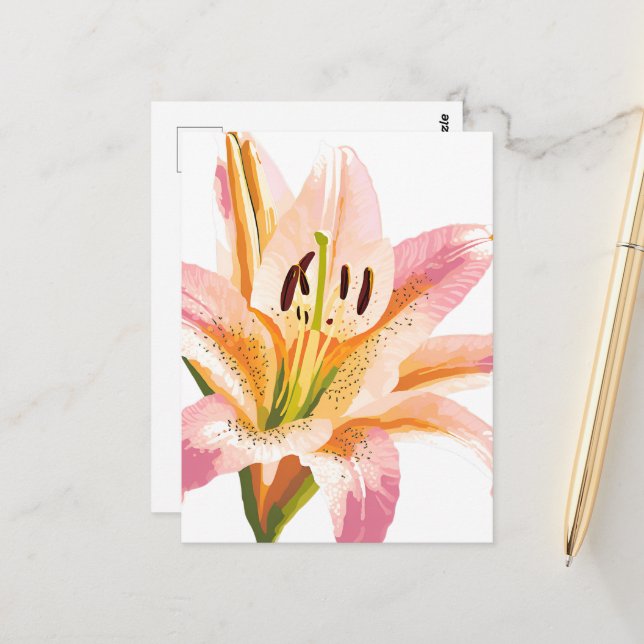 Cartão Postal Flor Lily Rosa | Impressão Floral de Aquarela (Frente/Verso In Situ)
