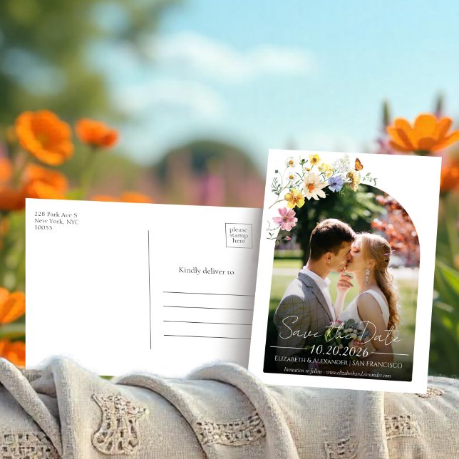 Cartão Postal Flor selvagem | Boho Arch Photo Save the Date (Criador carregado)