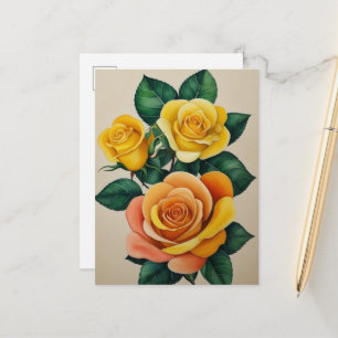 Cartão Postal Flora Elegante Aquarela Rosas Amarelas