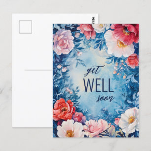 Cartão Postal Florais de Aquarela Azul Cor-de-rosa Ficam BEM EM