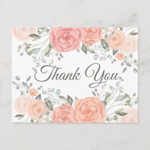 Cartão Postal Floral Agradecimento Flores Rosa Aquarela Casament