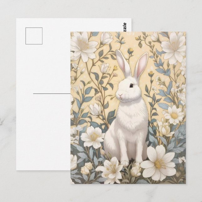 Cartão Postal Floral Amarelo Coelho Branco-Bonito Pastel (Frente/Verso)
