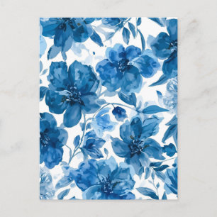Cartão Postal Floral Aquarela Azul Elegante