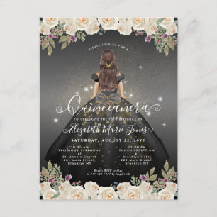 Cartão Postal Floral Black White Glam Princess Quinceanera