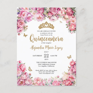 Cartão Postal Floral Blush Dourado Rosa Tiara Quinceañera
