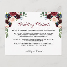 Cartão Postal Floral Borgonha Azul Detalhes do Casamento Inserir