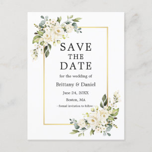 Cartão Postal Floral branco de aquarela Dourado Salvar a Data