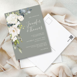 Cartão Postal Floral Branco Elegante sobre Casamento Verde Sage