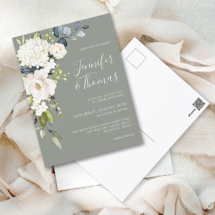 Cartão Postal Floral Branco Elegante sobre Casamento Verde Sage