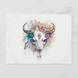 Cartão Postal Floral Bull Crânio Aquarela