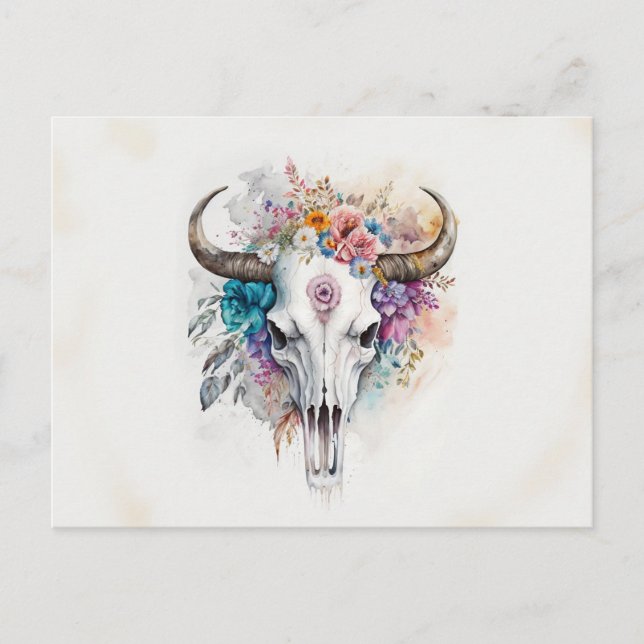 Cartão Postal Floral Bull Crânio Aquarela (Frente)