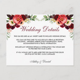 Cartão Postal Floral Burgundy Boho Detalhes do Casamento Inserir