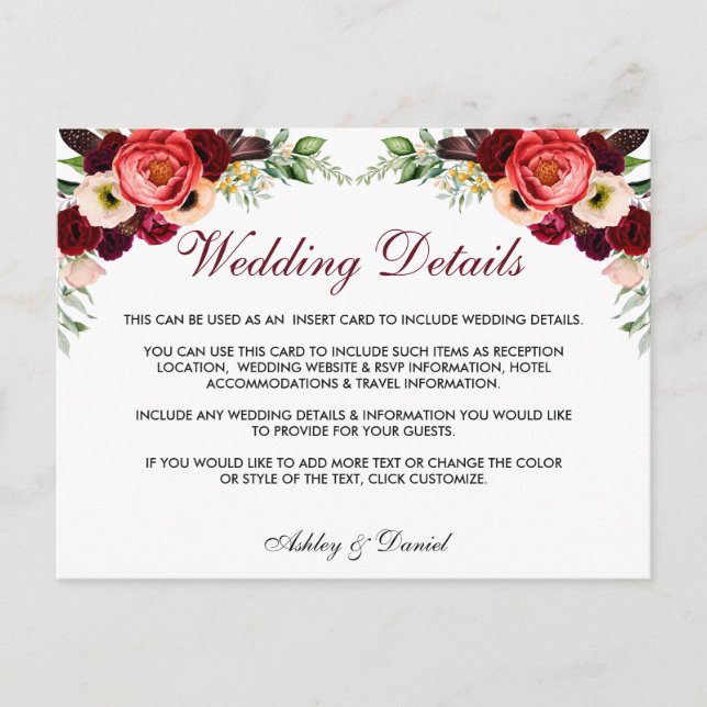 Cartão Postal Floral Burgundy Boho Detalhes do Casamento Inserir (Frente)