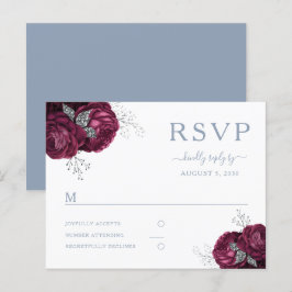 Cartão Postal Floral Burgundy Dusty Blue Weding RSVP