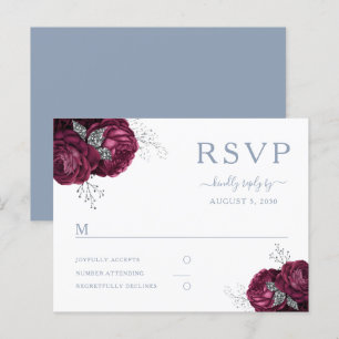 Cartão Postal Floral Burgundy Peonies Dusty Blue Weding RSVP