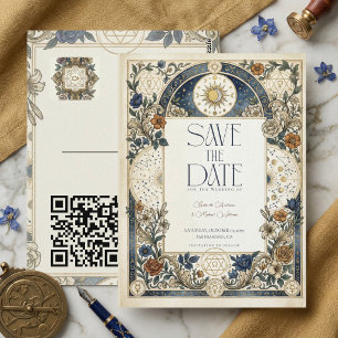 Cartão Postal Floral Celestial Vintage Casamento QR Salve a Data