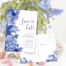 Cartão Postal Floral Chinoiserie Azul Lotus Floral Salva a Data