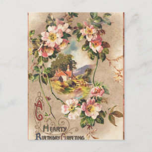 Cartão Postal Floral Country de Aniversário Vitoriano Vintage 18