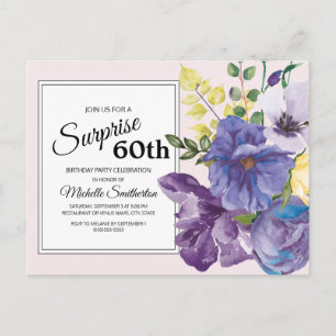 Cartão Postal Floral de Aquarela Roxa em Rosa 60º Aniversário