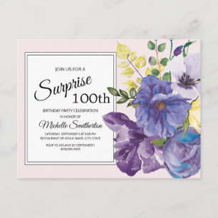 Cartão Postal Floral de Aquarela Roxa em Rosa de 100º Aniversári