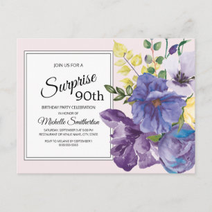Cartão Postal Floral de Aquarela Roxa em Rosa para 90º Aniversár