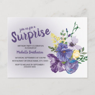 Cartão Postal Floral de Aquarela Roxa em Surpresa de Aniversário