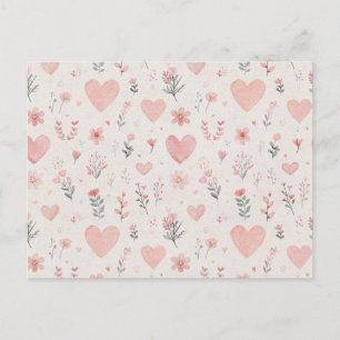 Cartão Postal Floral de Corações em Aquarela Suave
