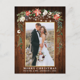 Cartão Postal Floral de Inverno em Madeira Dourada Natal em Aqua