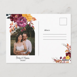 Cartão Postal Floral de outono com casamento de flores em aquare