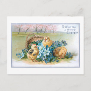 Cartão Postal Floral de Páscoa Vintage com Pintinhos