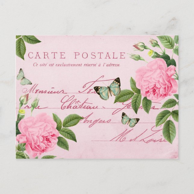 Cartão postal floral de rosas de vindima com borbo (Frente)