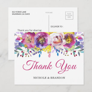 Cartão Postal Floral Dourada Fuchsia Obrigado Cartão-Postal