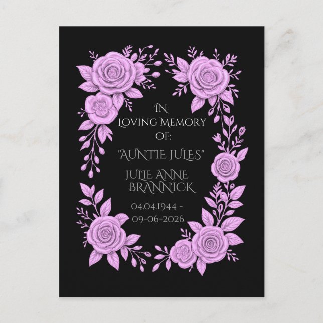 CARTÃO POSTAL FLORAL LAVENDER. IN LOVING MEMORY KEEPSAKE,  (Frente)