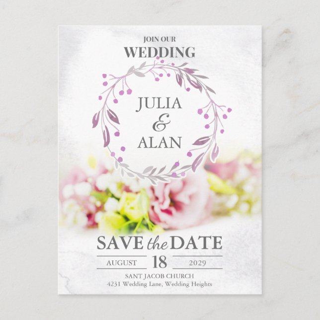 Cartão Postal Floral Mínimo de Wreath Salve o Casamento de Data (Frente)