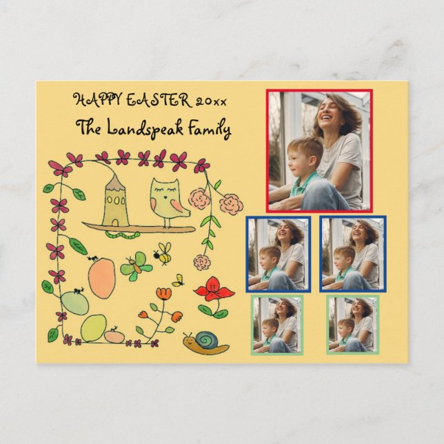 Cartão Postal Floral, Nature & Owl Felz pascoa 5 Fotos Colagem (Frente)