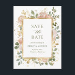 Cartão Postal Floral Neutro Branco | Casamento Salvar a Data<br><div class="desc">Este maravilhoso e floral casamento, exceto a data do cartão postal, apresenta uma elegante estrutura retangular dourada cercada por lindas flores rústicas de aquarela em tons neutros e escamosos, e folhas douradas e verdes. O fundo do cartão postal é branco. A parte traseira apresenta um design floral correspondente e espaço...</div>