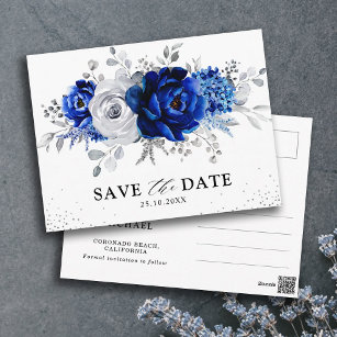 Cartão Postal Floral Real Azul Branco Salva a Data