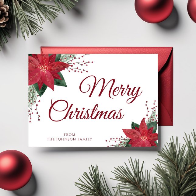 Cartão Postal Floral Red Poinsettia Feliz Saudações de Natal (Floral Red Poinsettia Merry Christmas Greetings Postcard)